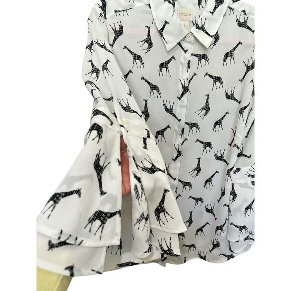 Chico's Whimsical Giraffe Blouse with bell sleeves. Size 1 - Picture 5 of 8